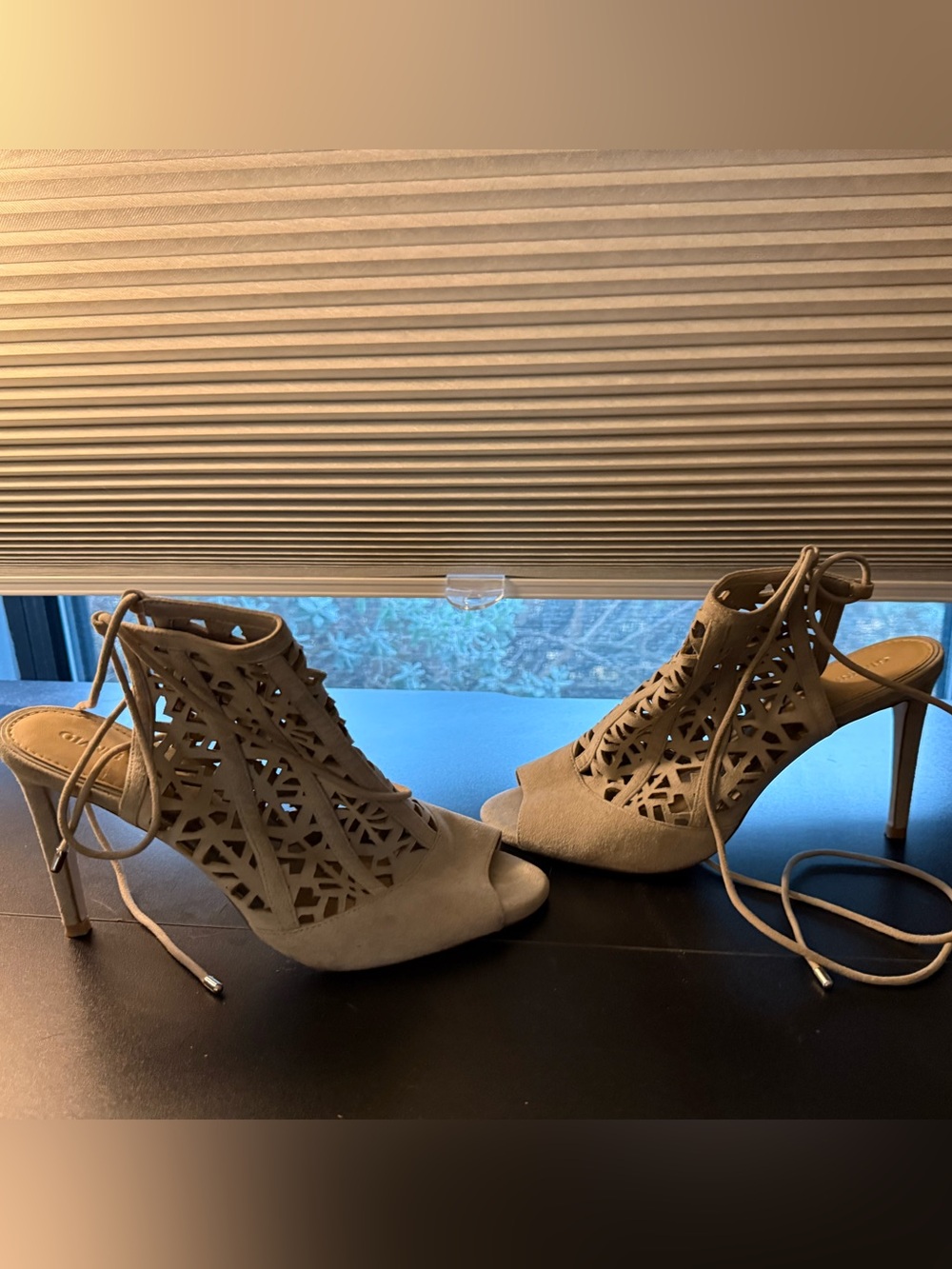 Gianni Bini Taupe Laser-Cut Lace-Up Peep-Toe Heels